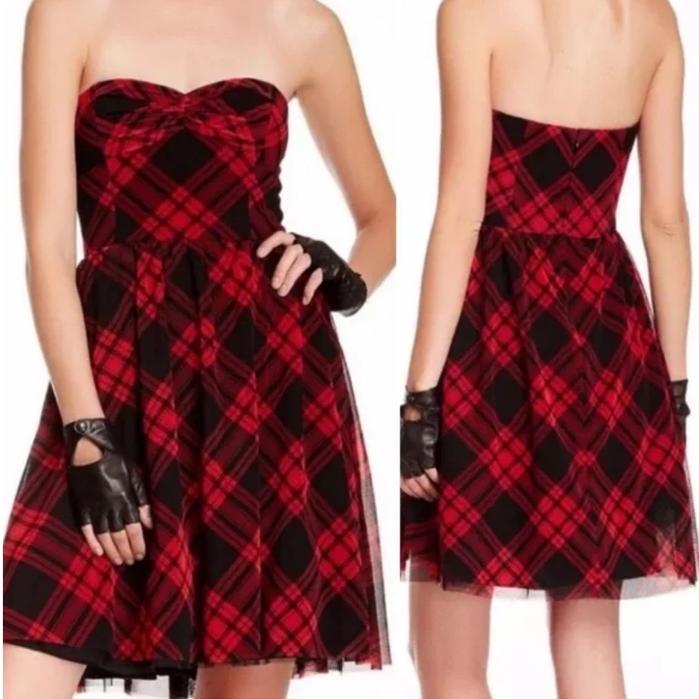 Betsey Johnson Red Black Plaid Strapless Prom Party Midi Dress Size 4